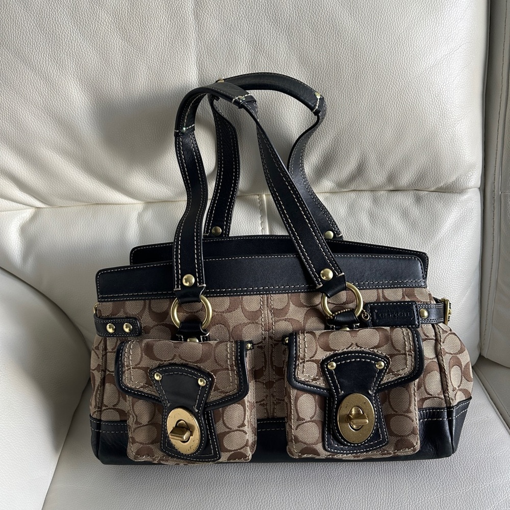 Coach Biege/Navy Blue Signature Canvas and Leather Satchel
